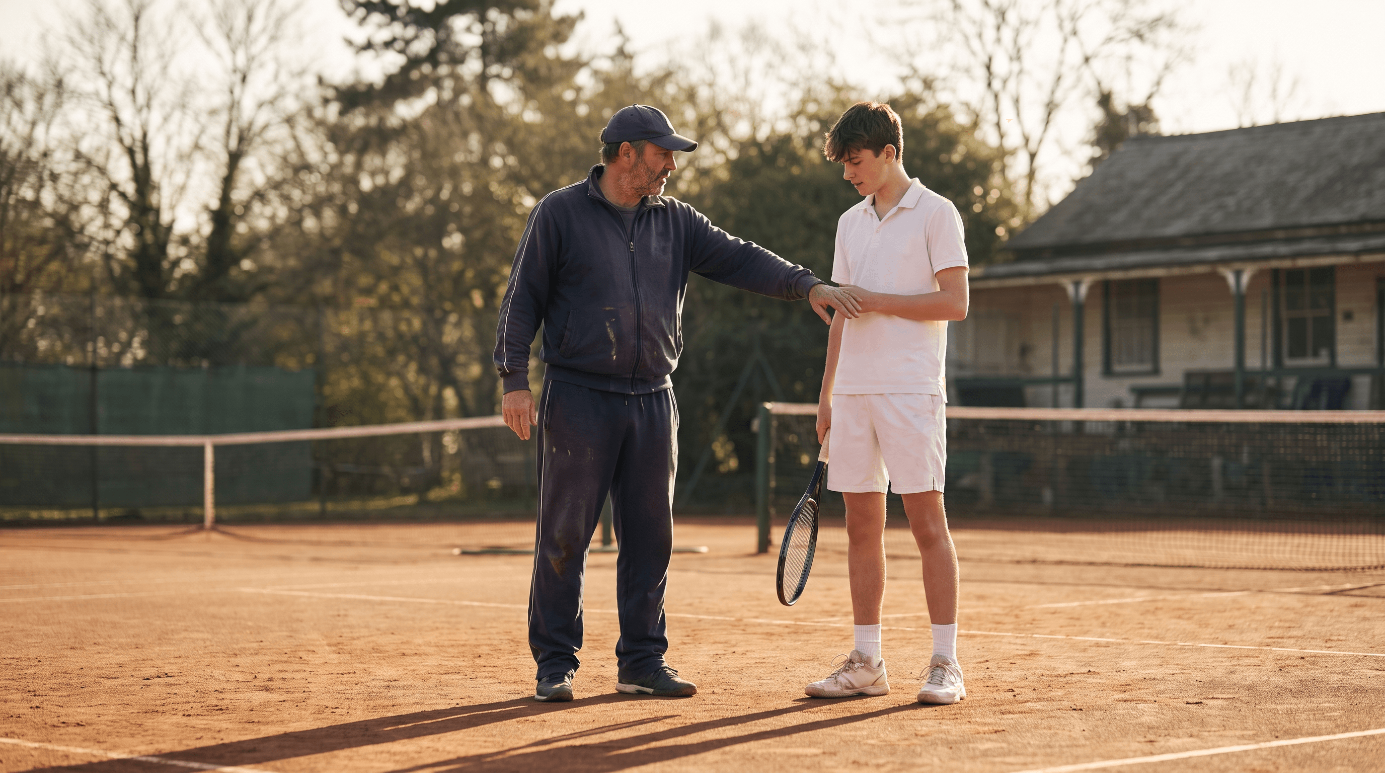 Un maestro di tennis guida un allievo su un campo in terra rossa
